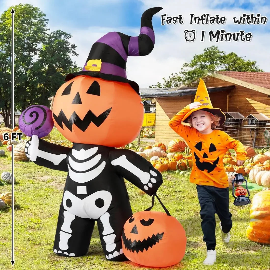 Halloween2025 Edition Inflatable 6ft Pumpkin Skull Yard Decor