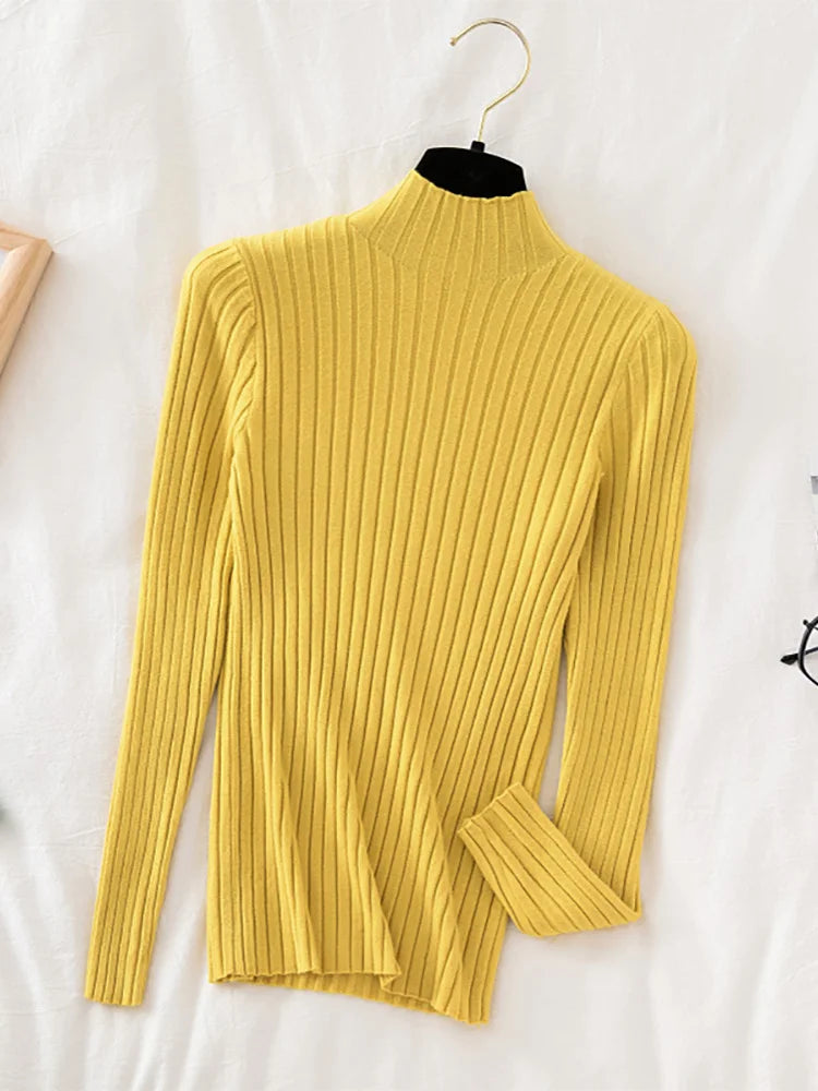 Flattering Stretchy Women Ribbed Sweater - Mock Neck, Knit