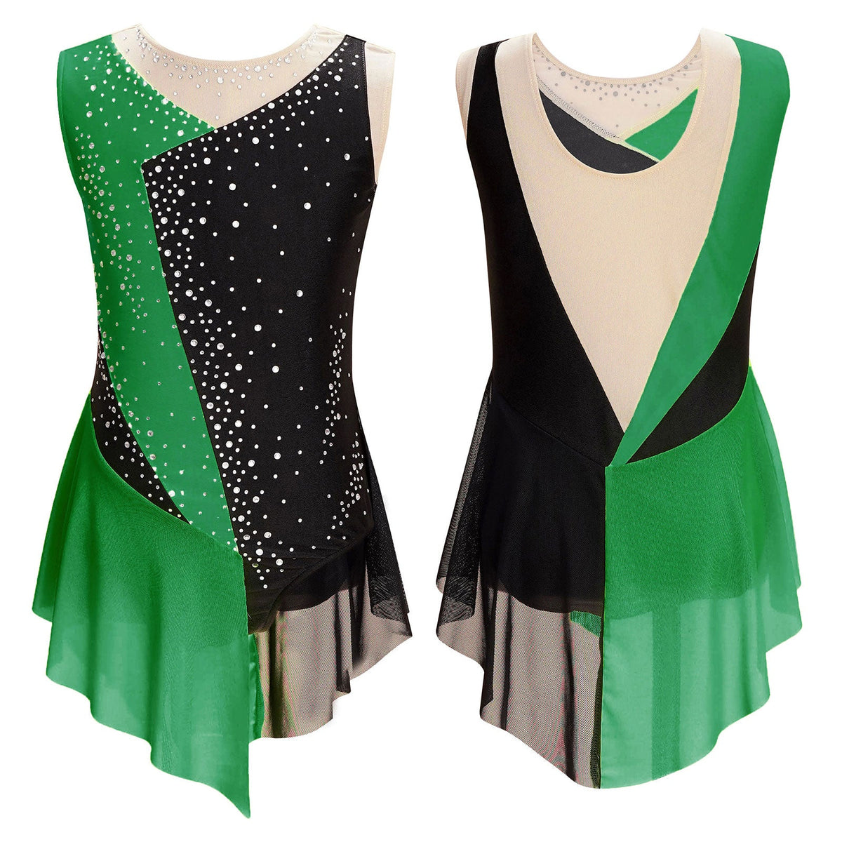 girls' Stretchy leotard - rhinestone mesh yoke, sleeveless, polyester, nylon, elastane, for lyrical dance performance