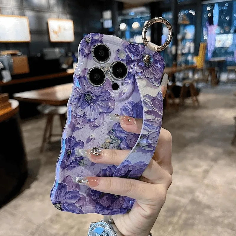 Painting Oil Flower Phone Case for iPhone 15 14 13 12 11 Pro Max with Wrist Band and Kickstand