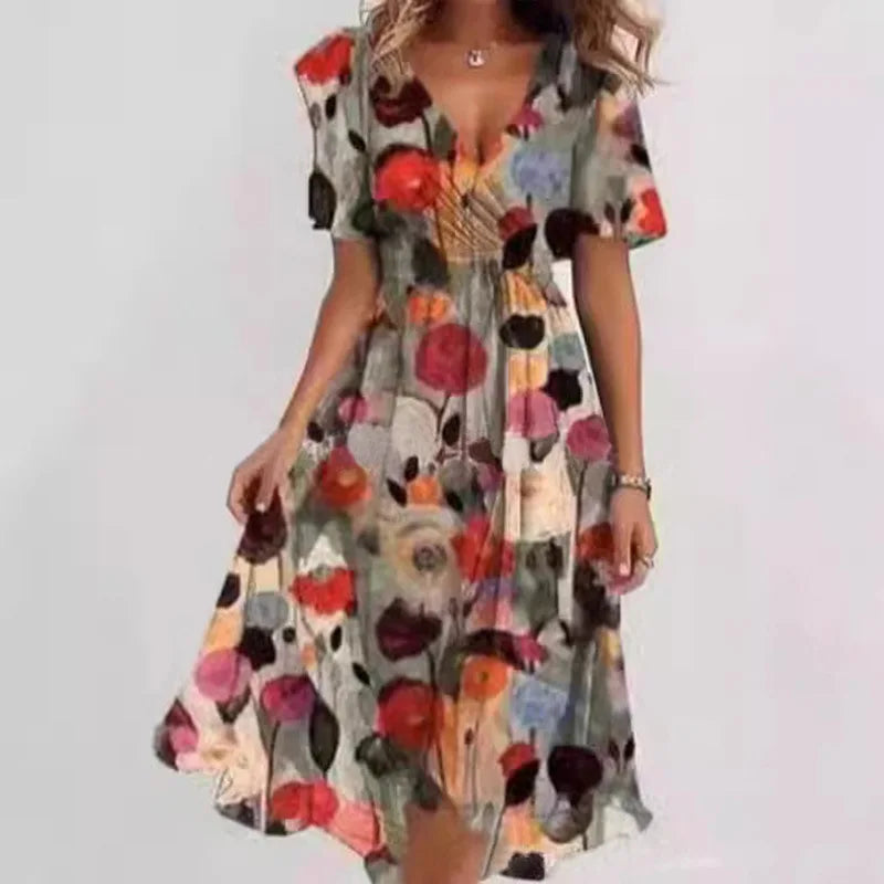 Deep Sexy V-neck Print Women's Summer Dresses - Elegant Swing Party Office Wear