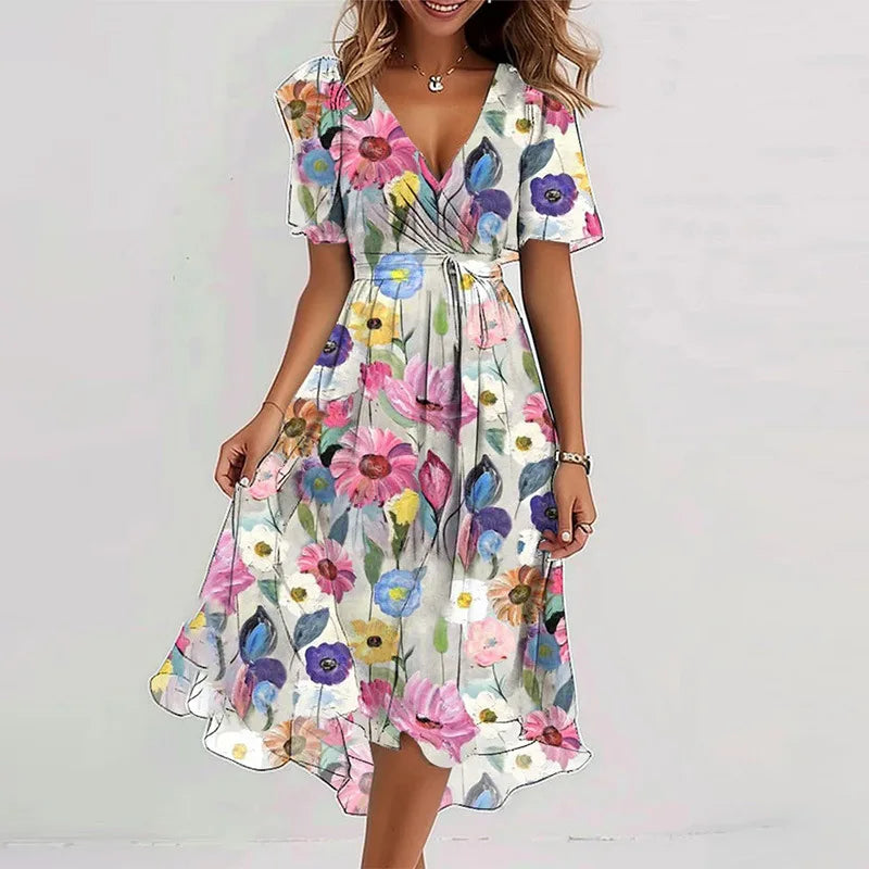 Deep Sexy V-neck Print Women's Summer Dresses - Elegant Swing Party Office Wear