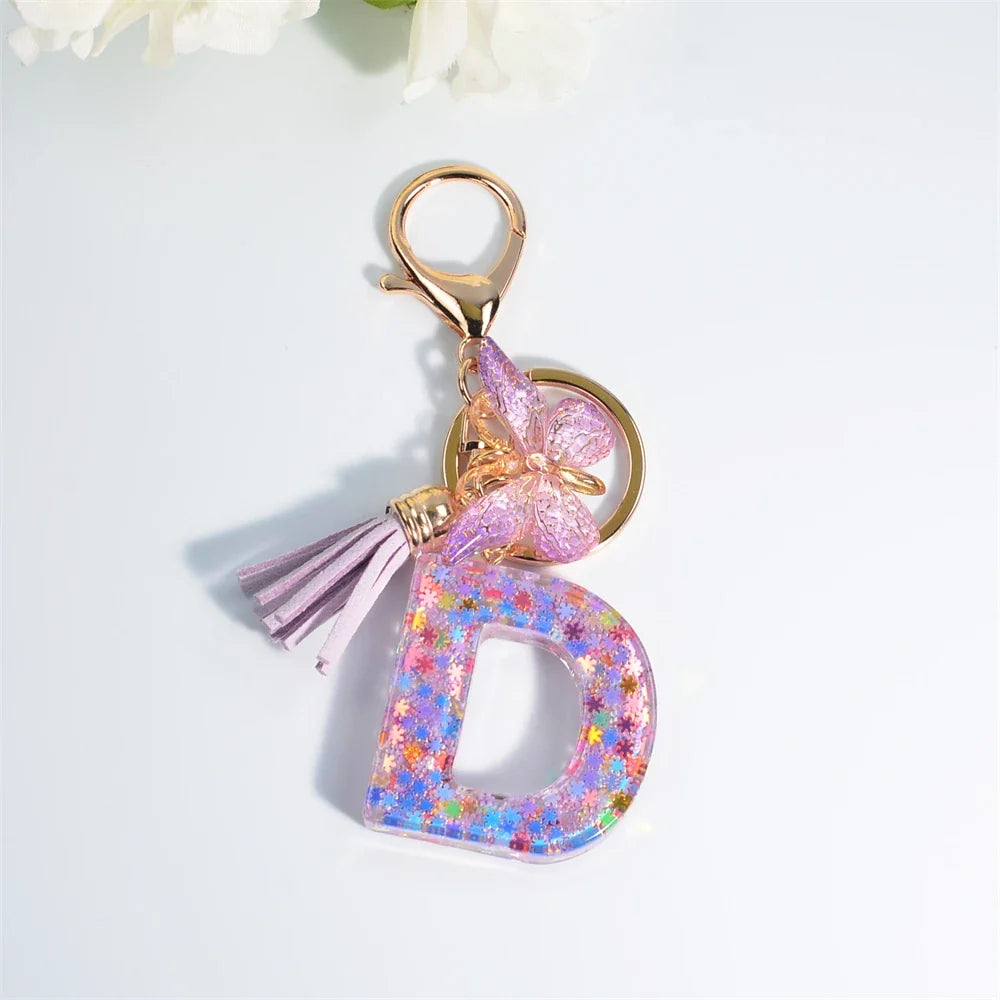 Letter Sequin Keychain With Butterfly Tassel Charm