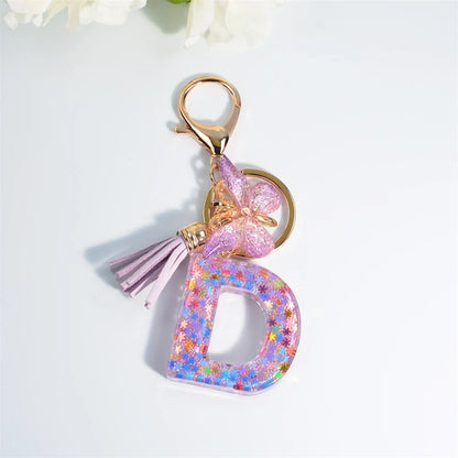 Letter Sequin Keychain With Butterfly Tassel Charm