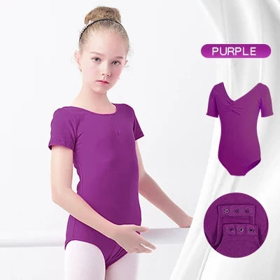Plush girls' ballet leotard - short sleeve v-neck ruched, cotton knit, for dance practice and classic classes