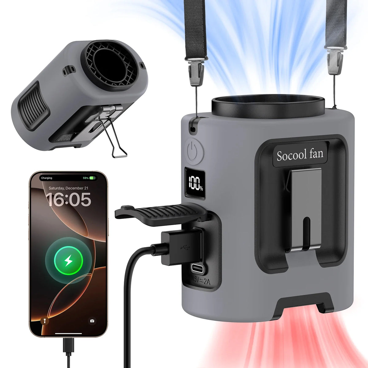 5000mAh Travel-Friendly Waist Fan - 4 Speeds Neck Fan for Outdoor Travel
