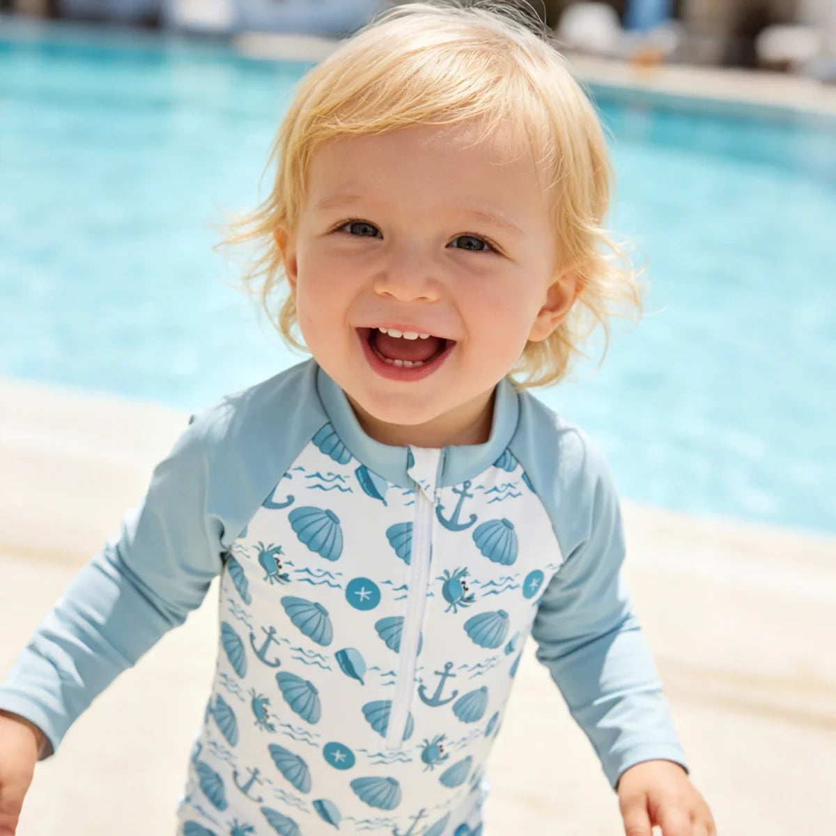 Plush Unisex Baby One-Piece Swimsuit - Zip-Front, Long-Sleeve, Print Pattern, Polyester, Summer Beachwear