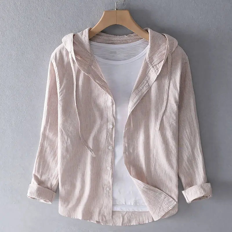 Summer Spring Solid Color Hooded Cotton Hemp Shirt Man Casual Cardigan