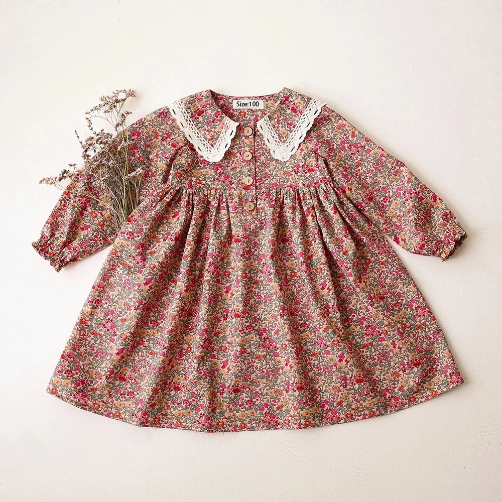 Plush girls' dress - vintage-inspired floral-pattern, cotton, for special occasions and holidays