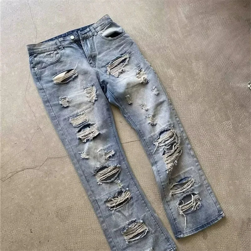 Relaxed Oversized Mens Jeans - Ripped Straight Leg Denim