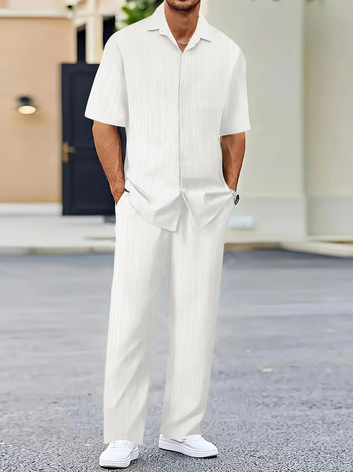 Variant image for Lightweight Linen Shirt and Pants Set, Vertical Striped Design, Relaxed Fit for Casual and Semi-Formal Wear-1