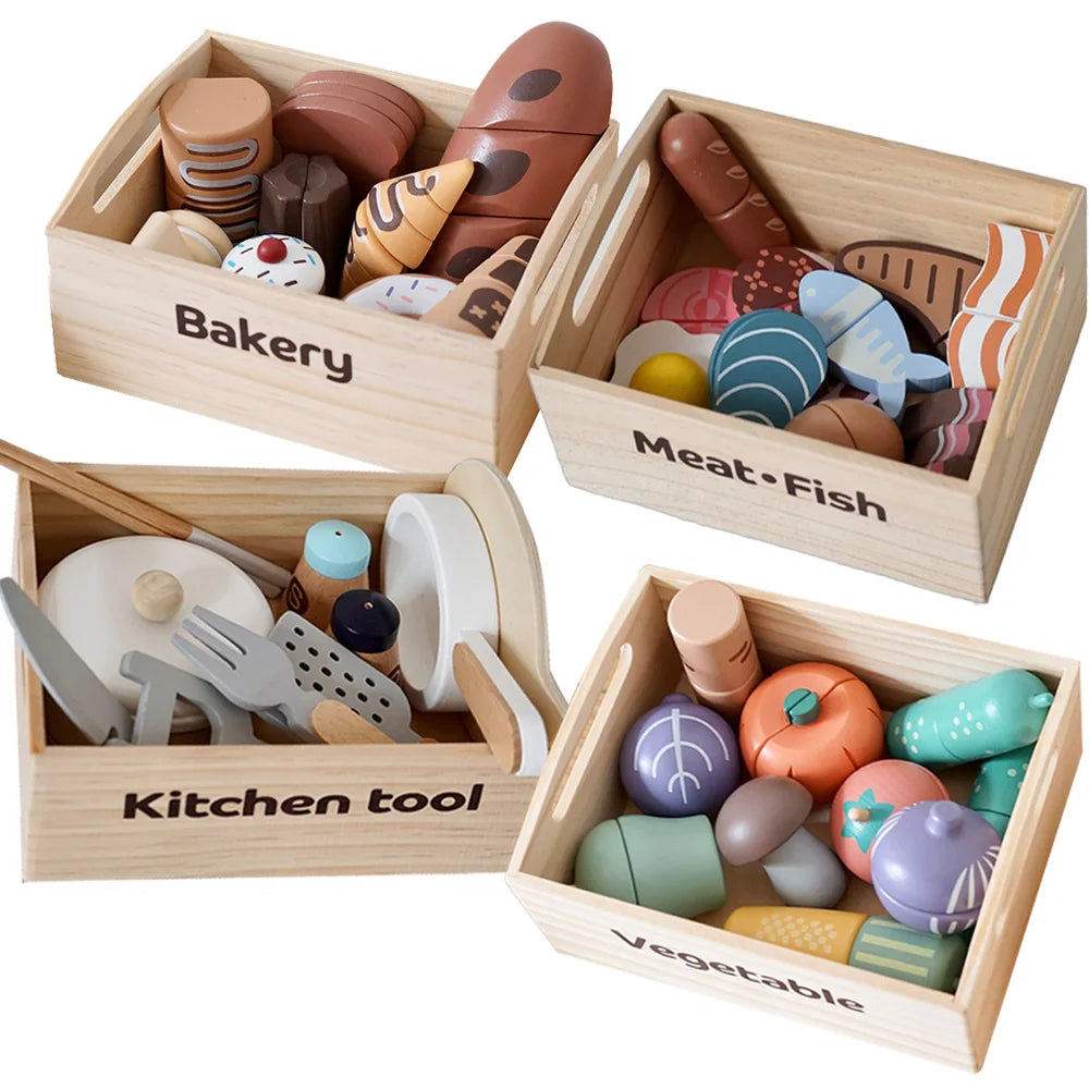 Kids Wooden Kitchen Playset with Cutting Food Accessories - Fruits, Vegetables & Bakery Toys