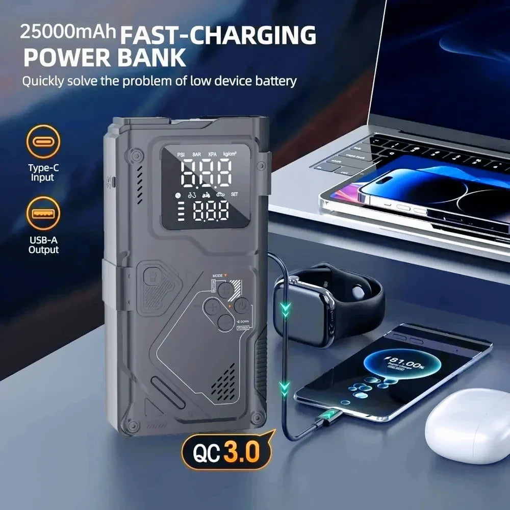 Starter Jump With Air Pump 6 In 1 Car Battery Booster 5000A Peak 150 PSI Tire Inflator 400LM LED Light Fall 2025 Prep