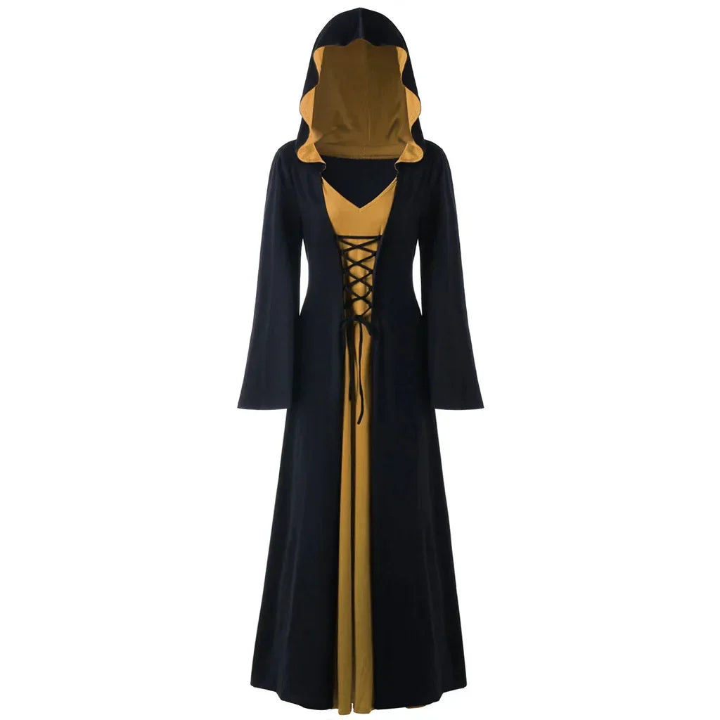 Women's Lace-Up Hooded Medieval Vampire Witch Cloak Robe - Great Halloween Costume for Themed Events