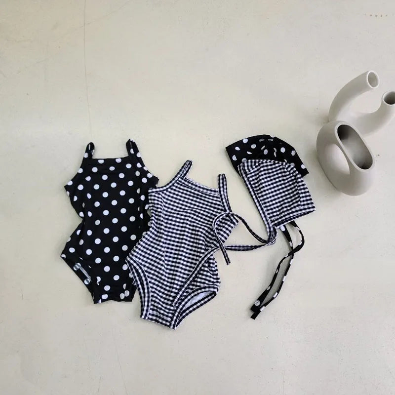 Light baby girls' one-piece swimsuit - polka-dot suspender style with hat, nylon, cozy for summer beach wear