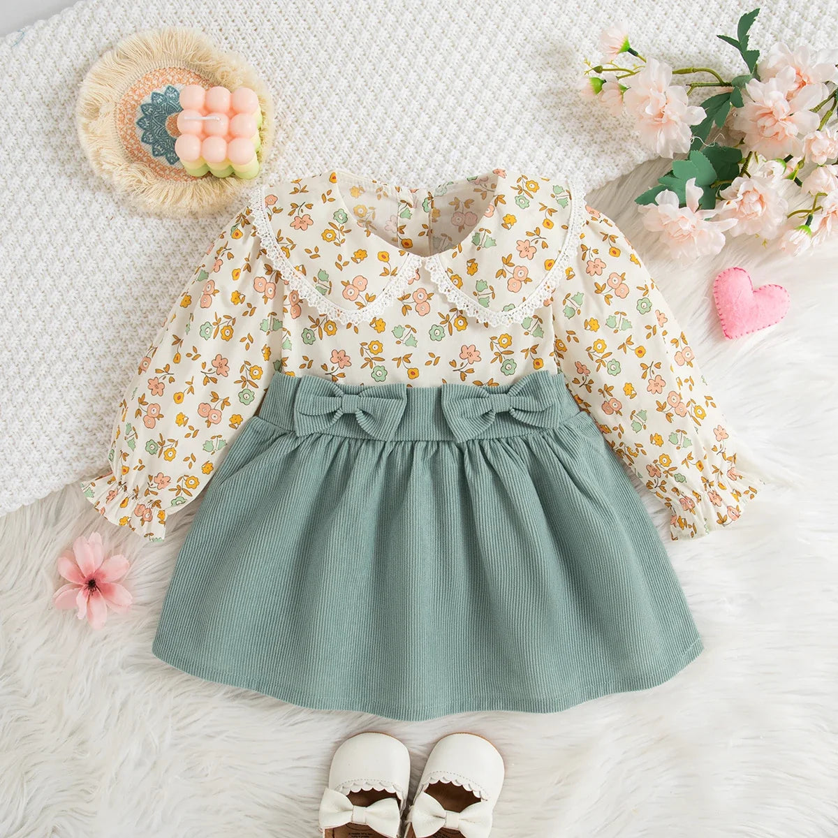 Plush baby girl dress - floral long sleeve, polyester, for classic spring and autumn wear