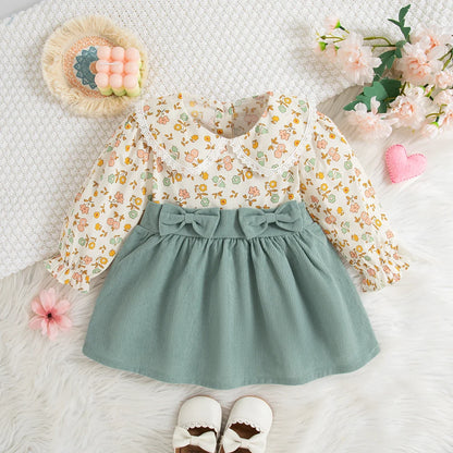 Plush Flowy Girls' Floral Long-Sleeve Dress - Bow-Detailed Waist, Polyester, For Spring And Autumn