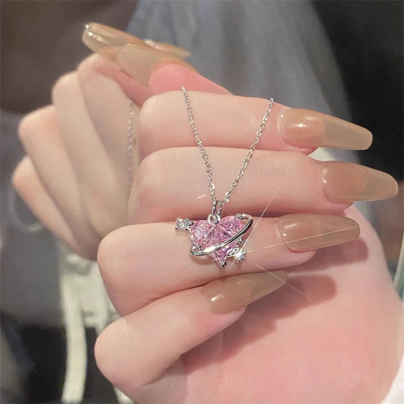 Pendant Zircon Necklace Pink Planet Heart Valentines Day Gift 2026 Aesthetic Jewelry