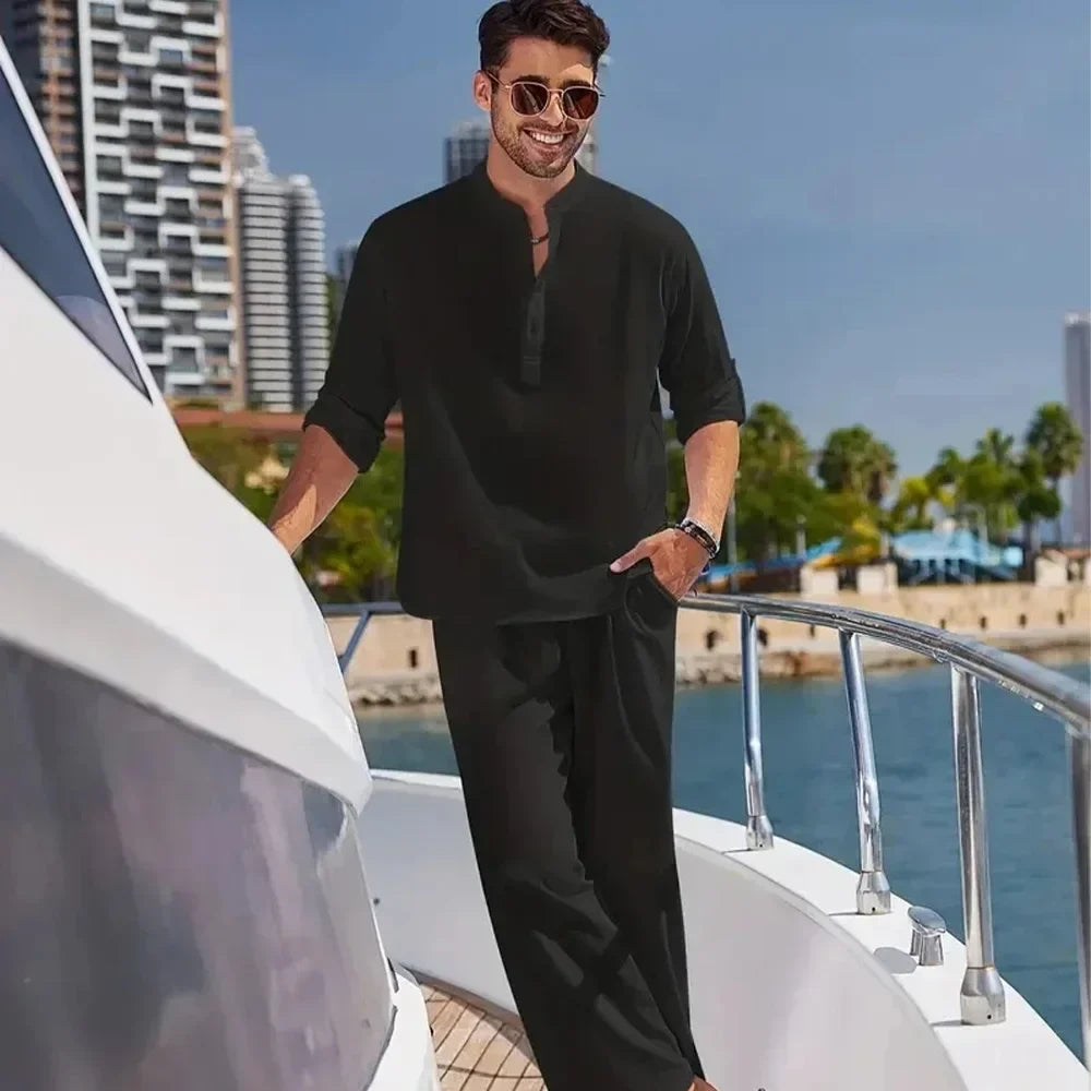 Men's Cotton Linen Shirt Two-Piece Kit Casual Henley Long Sleeve Vacation Beach Wear