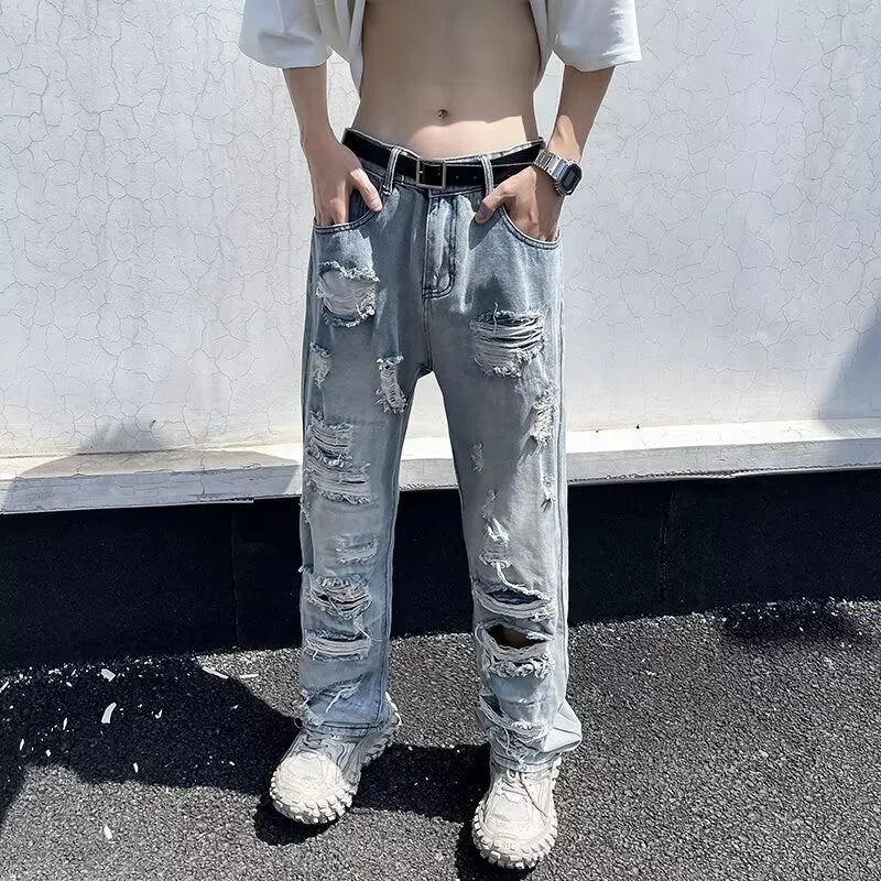Relaxed Oversized Mens Jeans - Ripped Straight Leg Denim