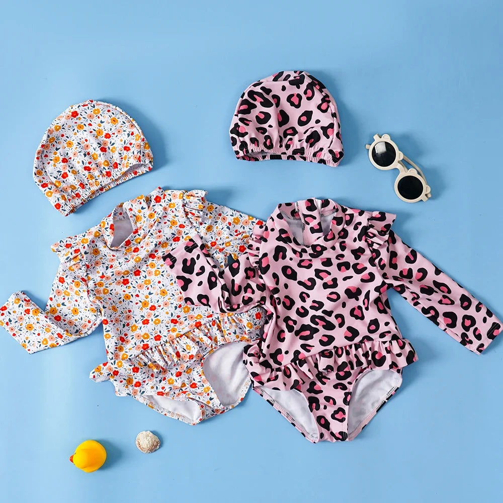 Plush Girls' One-Piece Swimsuit - Long Sleeve, Lace Design, Polyester, Sun Protection Beachwear