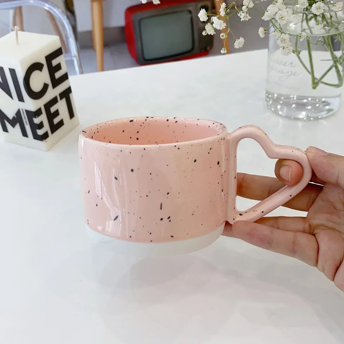 Ceramic Mug 300ml Porcelain Ring Handle Speckled Handmade Contemporary Coffee Cup Fall 2025 Cozy Gift