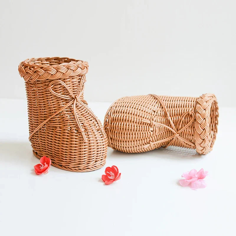 Vase Rattan Boot Shaped Imitation Woven Tabletop Christmas Decor Holiday 2025 Cute Centerpiece Gift