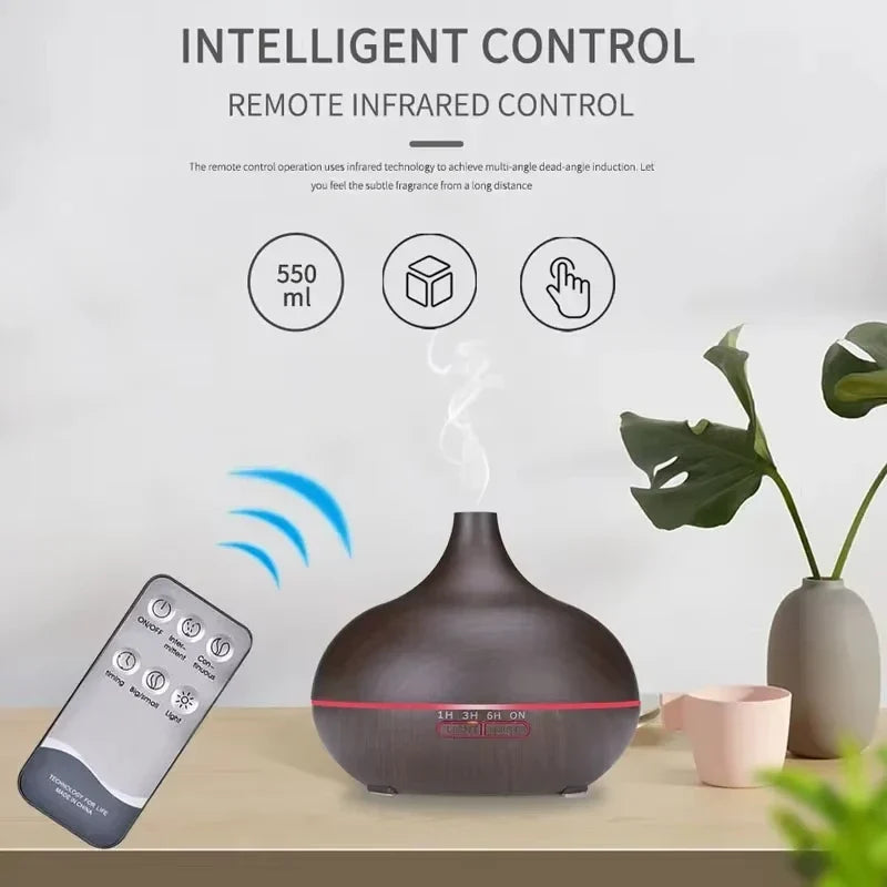 Air Humidifier Aromatherapy Essential Oil Diffuser 500ml Wood Grain Remote Control with 7 Color Lights for Household