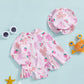 Plush Girls' Rash Guard Swimsuit Kit - Zip-Up, Floral Print, Polyester, With Hat, For Summer Beach And Pool