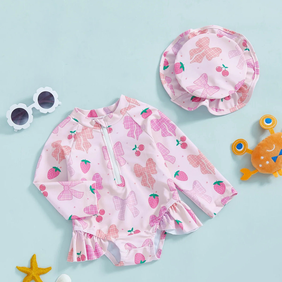Plush Girls' Rash Guard Swimsuit Kit - Zip-Up, Floral Print, Polyester, With Hat, For Summer Beach And Pool
