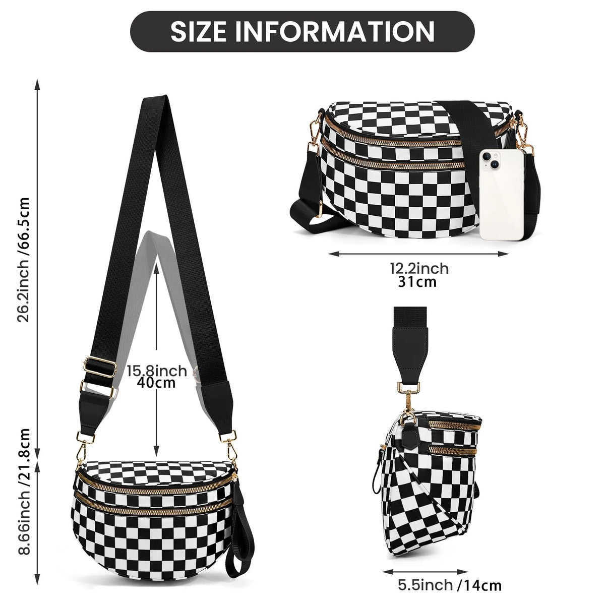checkered nylon, box shape, travel and daily use – Multi-Use unisex crossbody bum bag