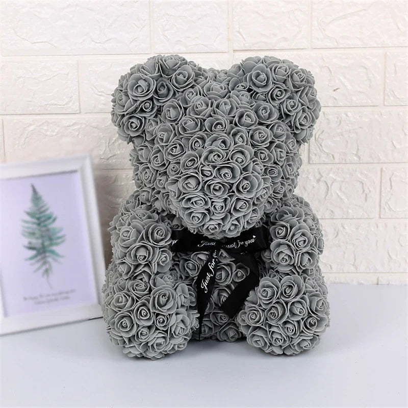 Rose Faux Teddy Bear with Gift Box and Lights - Romantic Anniversary or Valentine's Day Gift, Wedding Decor