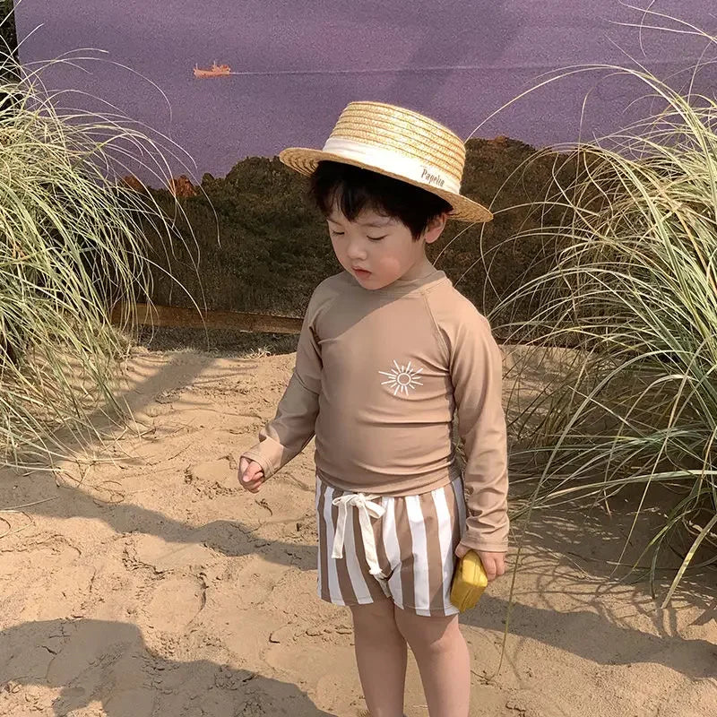 Fast-dry baby boys' swimwear set - long-sleeve top and shorts, polyester, for swimming