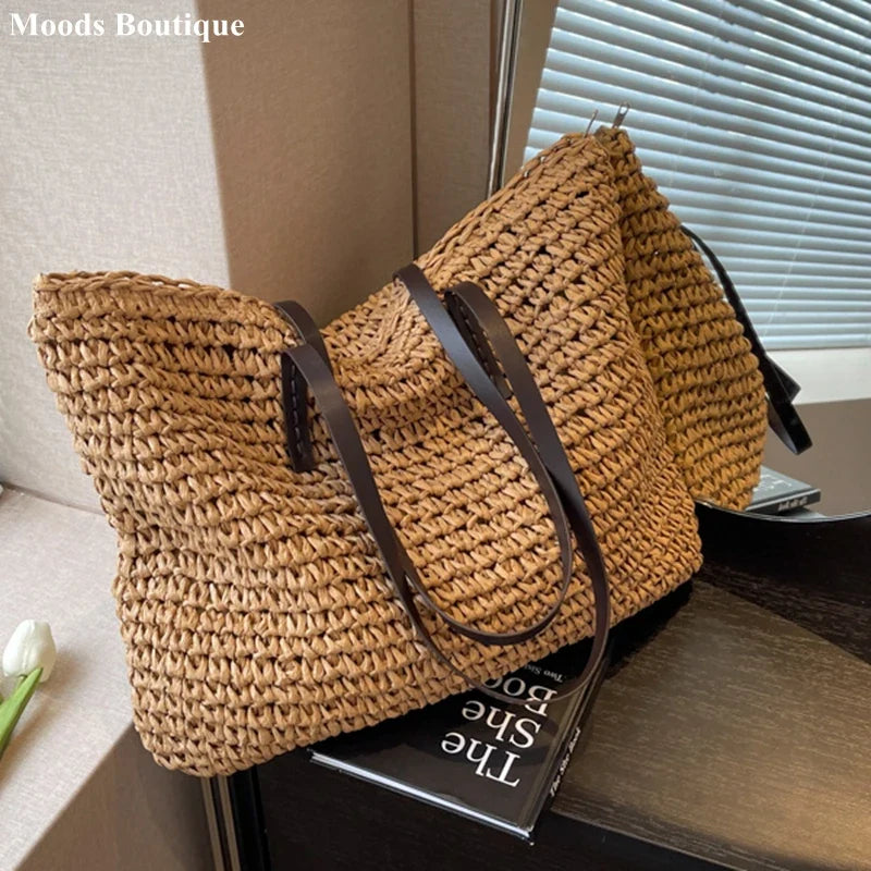 Straw Tote Bag Woven Beach Shoulder Bag Summer 2026 Large Capacity Carryall For Travel And Regular Use