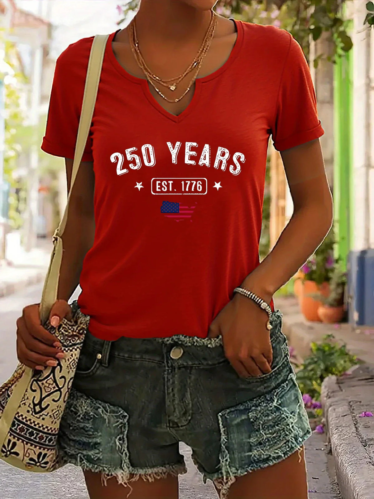 V-neck, short sleeve, patriotic EST.1776 USA print, casual top – Breathable women's t-shirt