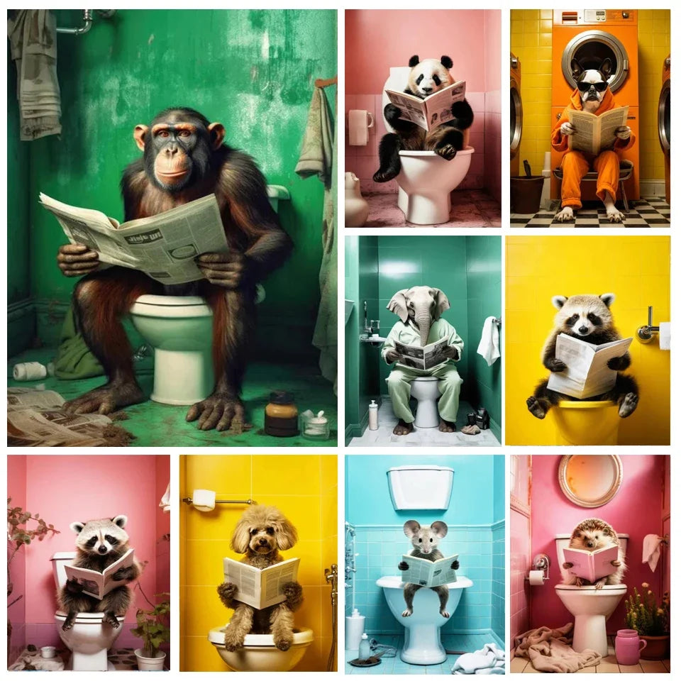 Monkey Animal Panda Toilet  Painting Art DIY Embroidery