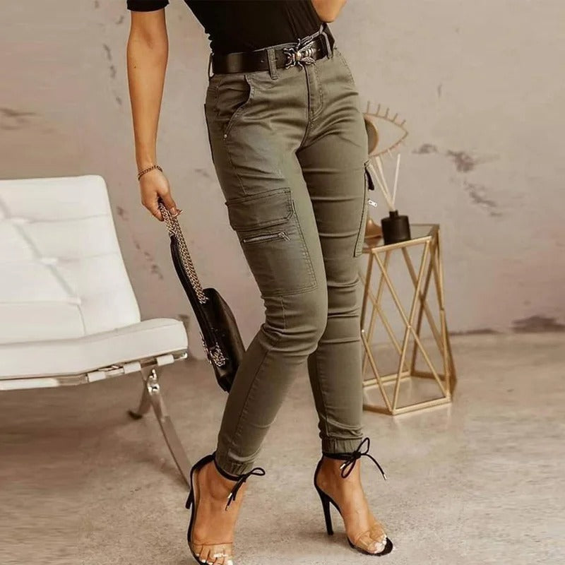 Variant image for Stylish Women's Cargo Jeans with Pockets, Comfortable Stretch Fabric, Modern Fit, Available in Armed Green, Navy Blue, Gray-3