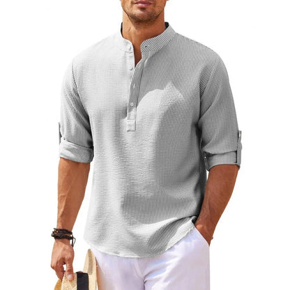 Long Men's Sleeve Stand-up Collar Pineapple Checkered Casual Shirt Top
