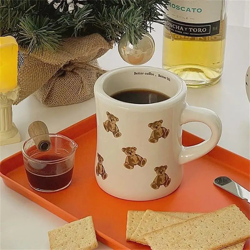 Ceramic Mug Cream Teddy Bear Print Coffee Cup With Handle Korean Cute Breakfast Mug Fall 2025 Cute Gift Simple Grip