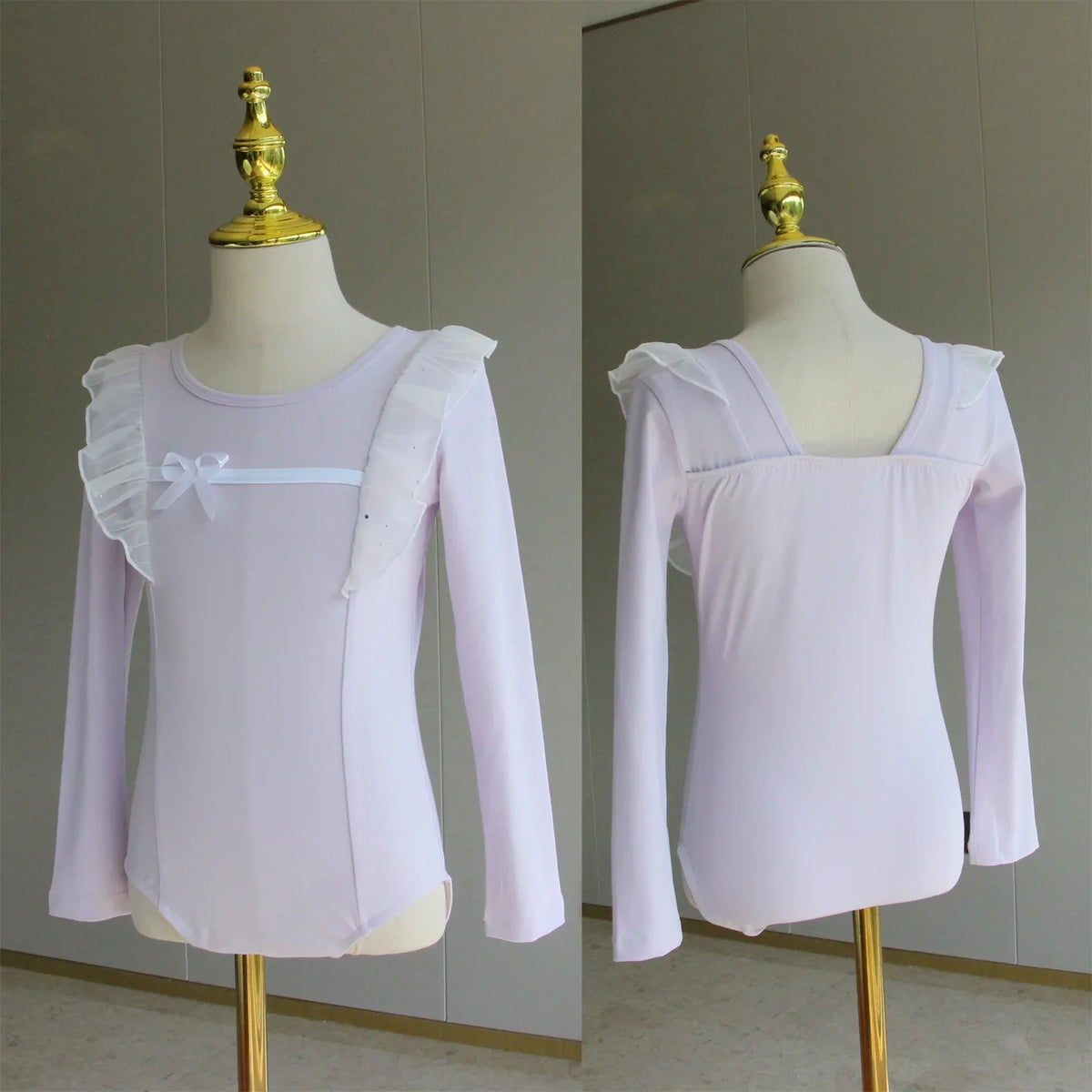 Light girls ballet leotard set - puff-sleeve top, tulle tutu skirt, polyester, for dance class