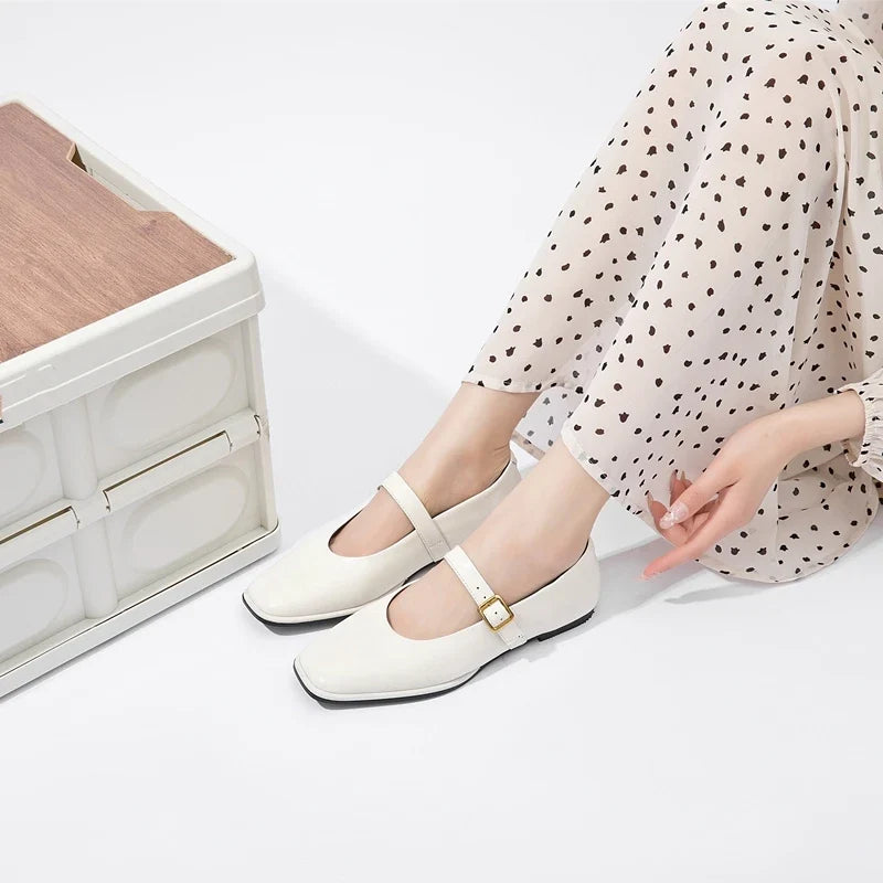 Women Supportive Mary Jane Flats - Square Toe, Leather
