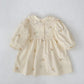 Plush, classic girls' dress - embroidered floral, Peter Pan collar, puff sleeves, cotton, for spring outings