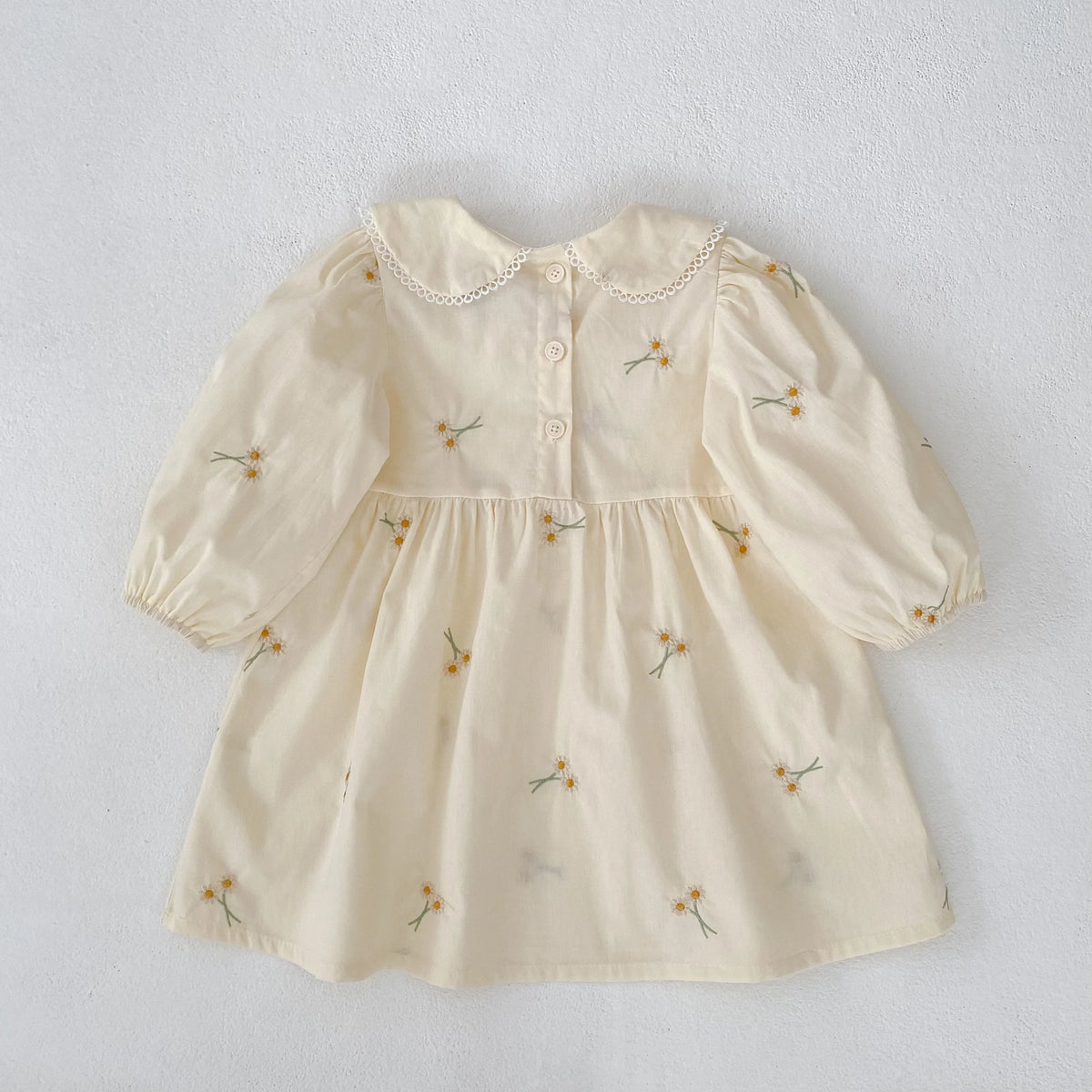Plush, classic girls' dress - embroidered floral, Peter Pan collar, puff sleeves, cotton, for spring outings
