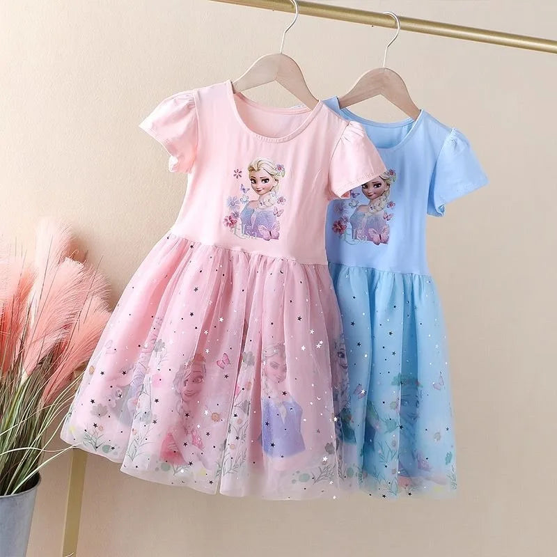 Light Girls' Dress - Short Sleeve, Knee-Length, Flowy, Cotton, Mesh, For Parties