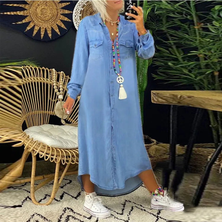 Jeans Shirt Dress Women Long Elegant Splice Dress with Turn Down Collar Summer Fashion