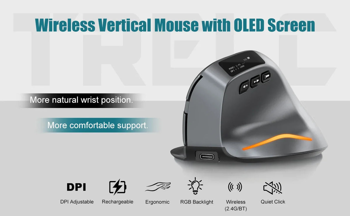 Bluetooth Vertical Comfort-Grip Mouse With OLED Screen