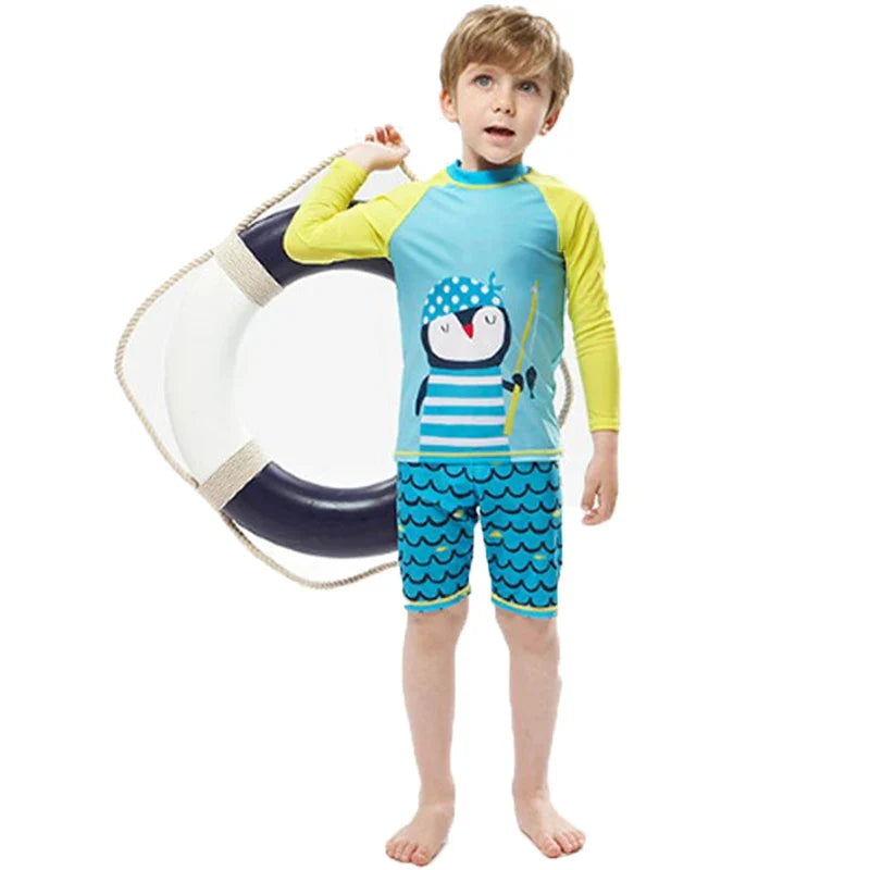 Fast-dry unisex kids' swimsuit set - long-sleeve top and shorts, polyester, for summer swimming