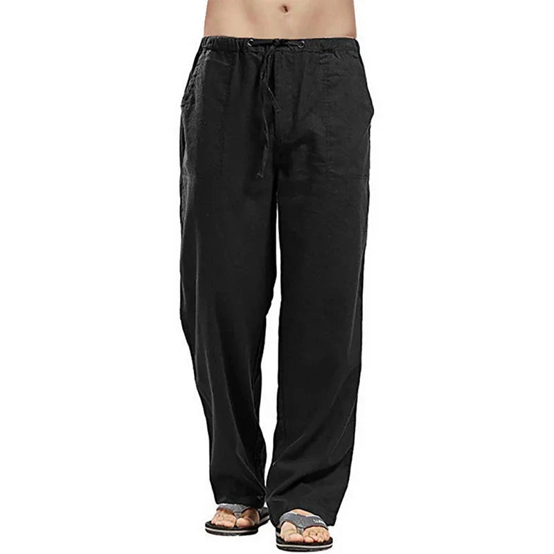 Color Solid Multi-Pocket Linen Men Pants - Casual Breathable Summer Trouser, Large Size