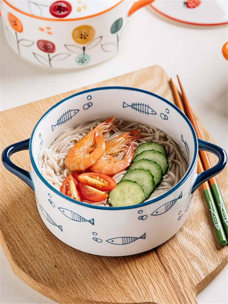 1000ml Ceramic Covered Noodle Bowl Microwave Safe With Lid