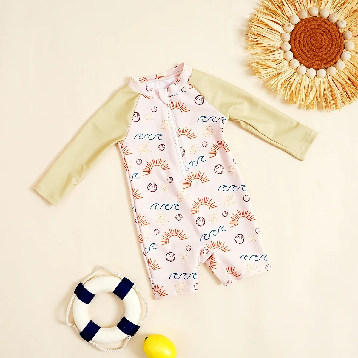 Plush Unisex Baby One-Piece Swimsuit - Zip-Front, Long-Sleeve, Print Pattern, Polyester, Summer Beachwear